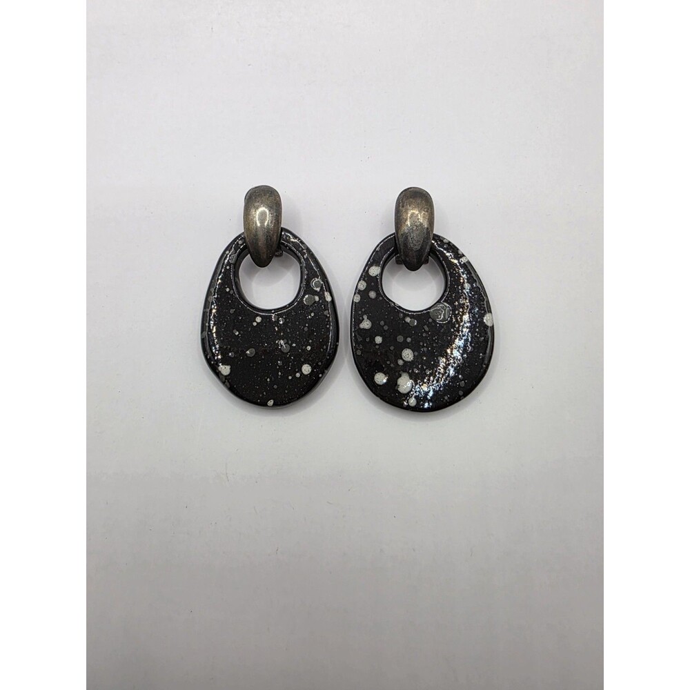 VTG Black & White Speckled Teardrop Dangle Pierced Earrings Funky Retro 2 1/4"